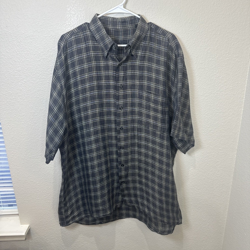 Jack Lipson Mens Charcoal Gray Plaid Linen Button Down Short Sleeve Shirt XL